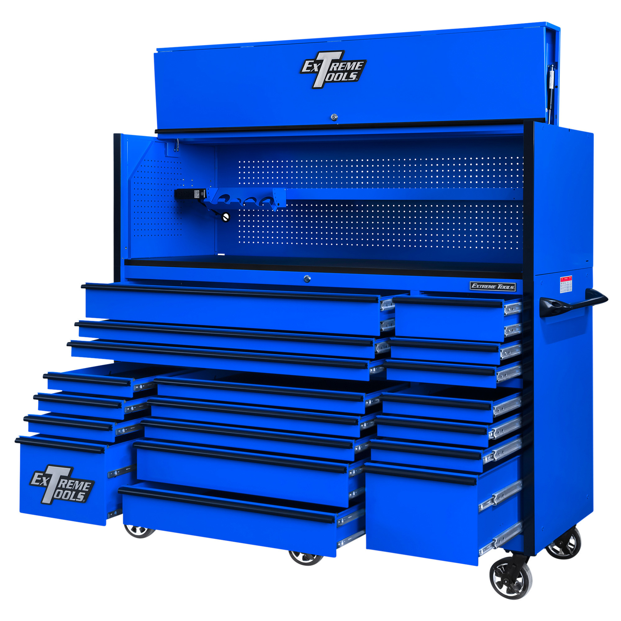 Extreme Tools Professional Hutch and 19-Drawer Roller Cabinet Combo - 72in.W, Black/Blue, Adjustable Shelf, Power Strip, Steel Peg Board, Model# RX723020HRUK